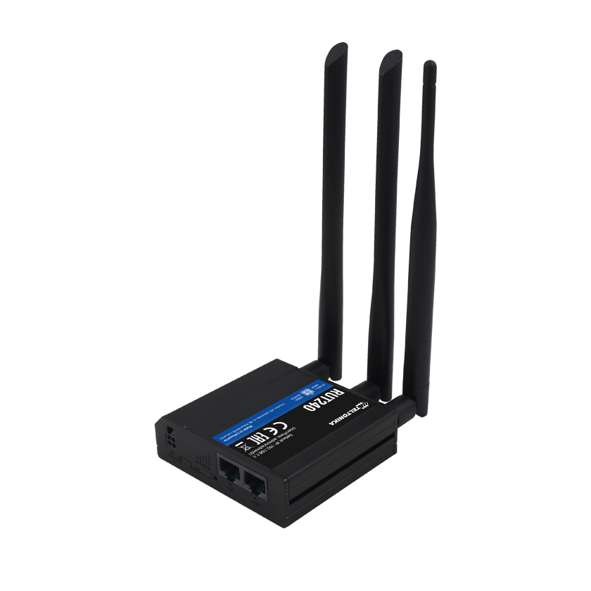 Teltonika RUT240 router 4G LTE. Front view with antennas.