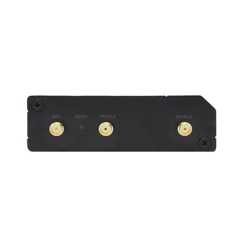 Teltonika RUT241 M2M CAT 4 router 4 G LTE back view. 3 Antenna connectors, 1 for Wi-Fi and 1 for Mobile.