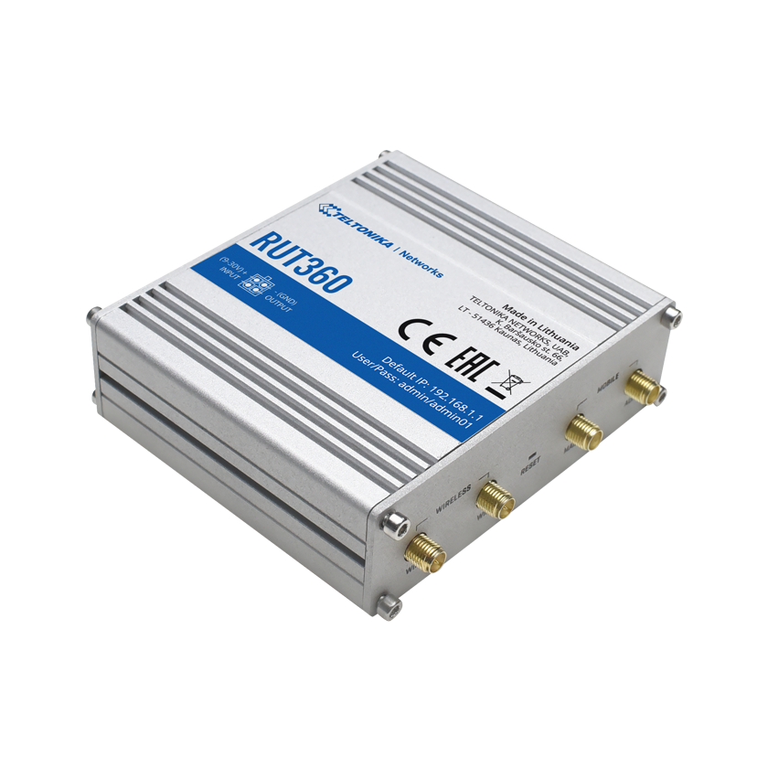 Teltonika RUT360 Machine to Machine, M2M, router 4G LTE. Back top view.