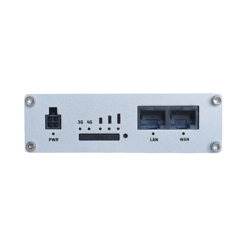 Teltonika RUT360 Machine to Machine, M2M, router 4G LTE. Front view. 4-pin power, SIM card slot, LAN and WAN port.