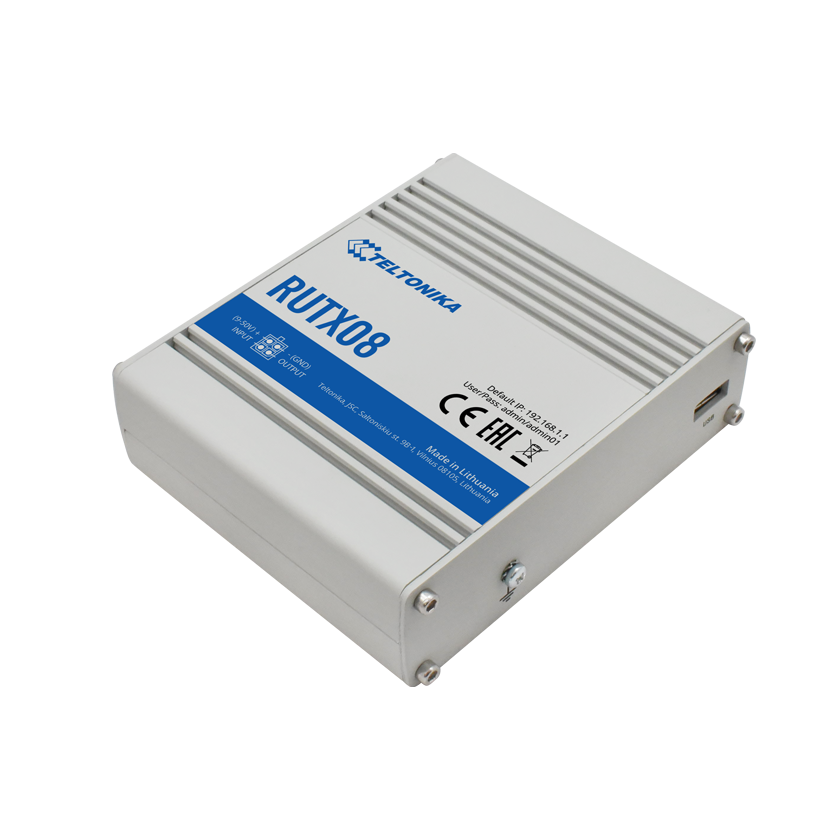 Teltonika RUTX08 industrial VPN router back top view.