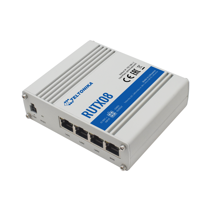 Teltonika RUTX08 industrial VPN router front top view.
