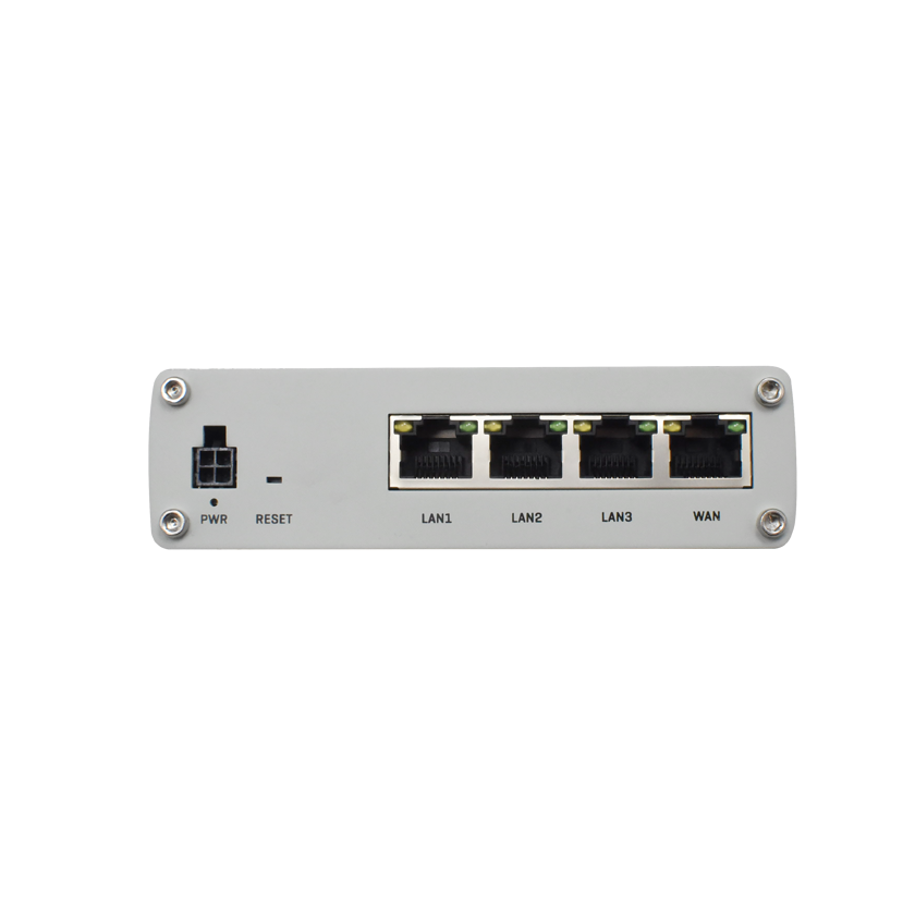 Teltonika RUTX08 industrial VPN router front view. 4-pin Power connector, three LAN ports and one WAN port.
