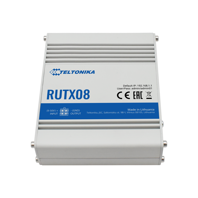 Teltonika RUTX08 industrial VPN router top view.