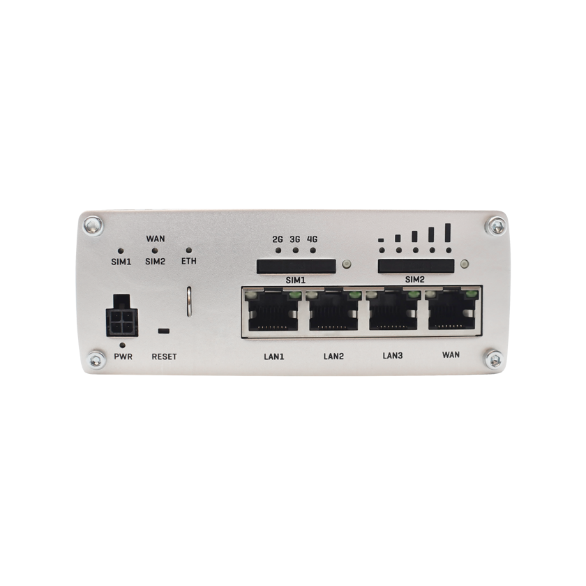 Teltonika RUTX09 CAT 6 M2M router 4G LTE front view. 4-pin Power connector, DUAL SIM, 3 LAN ports and 1 WAN port.