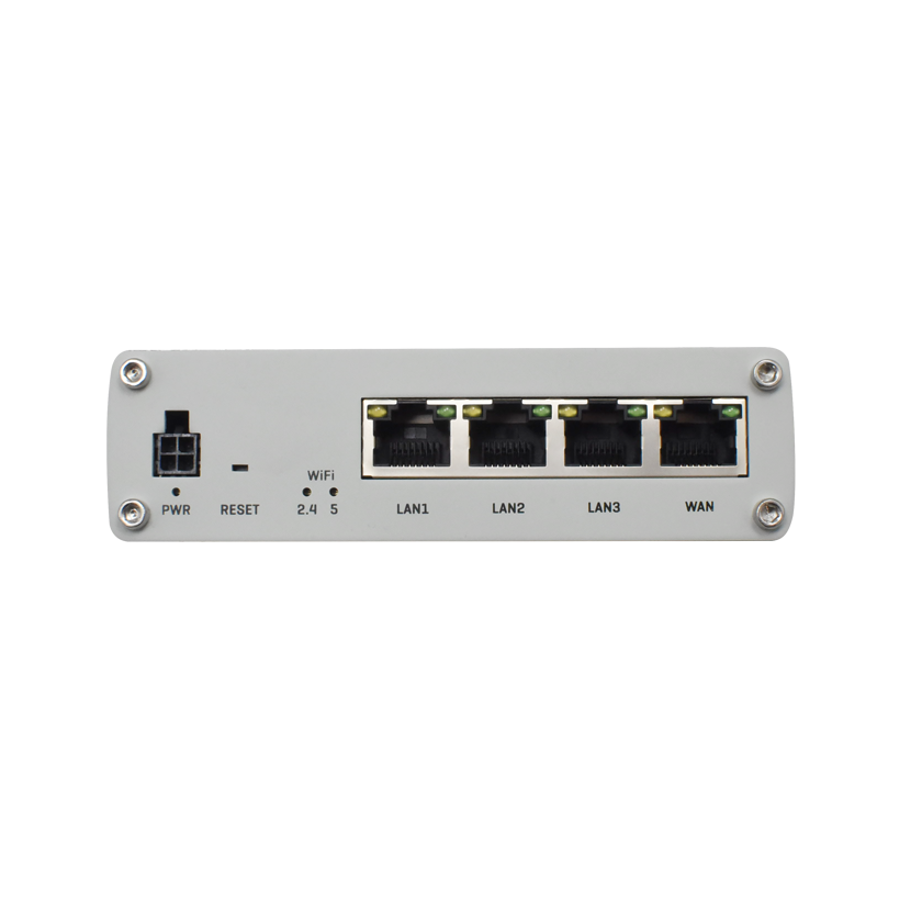 Teltonika RUTX10 Dual Band enterprise router with bluetooth front view. 4-pin Power connector, 3 LAN ports and 1 WAN port.