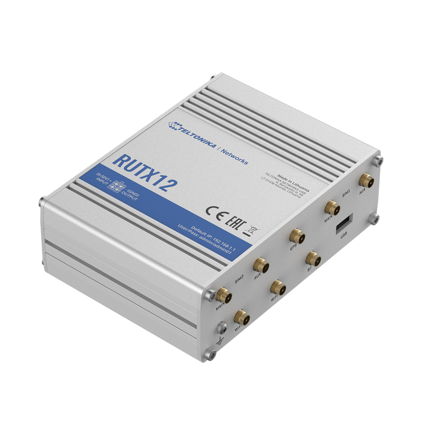Teltonika RUTX12 DUAL modem CAT 6 M2M router 4G LTE back top view.
