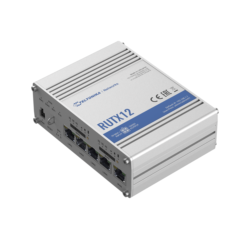 Teltonika RUTX12 DUAL modem CAT 6 M2M router 4G LTE front top view.