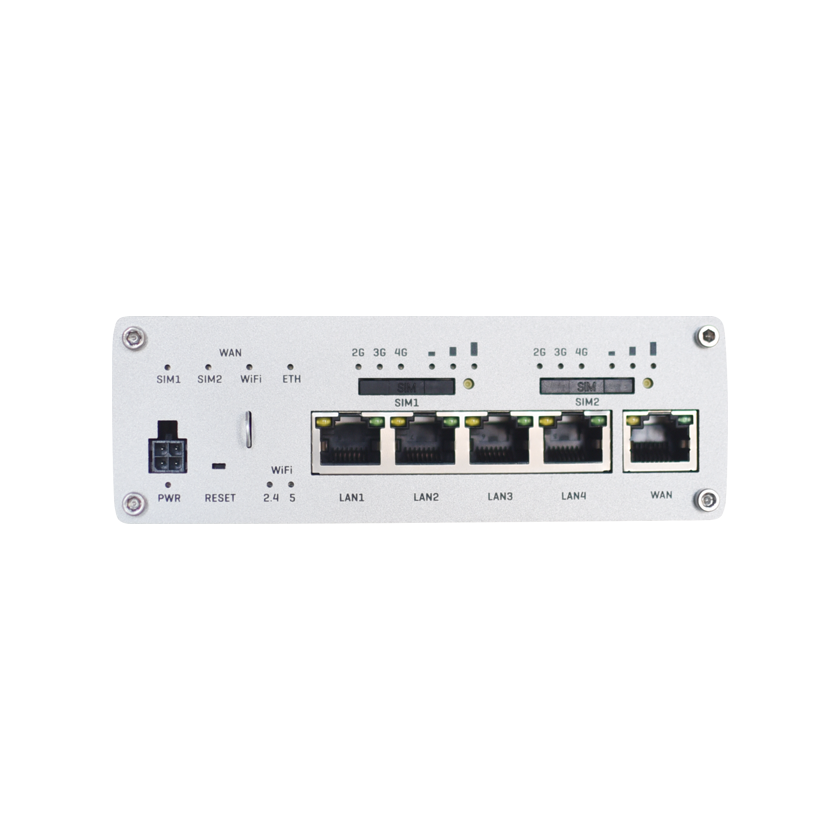 Teltonika RUTX12 DUAL modem CAT 6 M2M router 4G LTE front view. 4-pin Power connector, DUAL SIM, 4 LAN ports and 1 WAN port. 