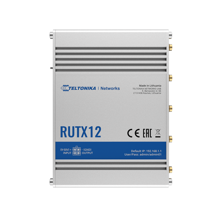 Teltonika RUTX12 DUAL modem CAT 6 M2M router 4G LTE top view.