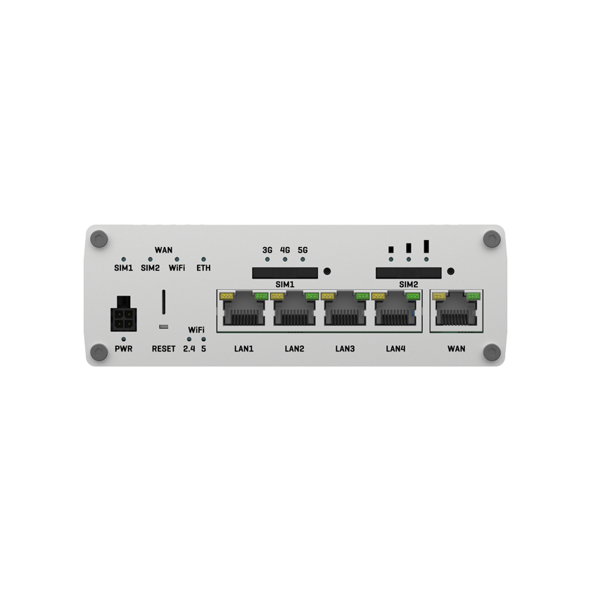 Teltonika RUTX50 DUAL BAND 5G M2M en IoT router front view. 4-pin Power connector, DUAL SIM, 4 LAN ports and 1 WAN port.