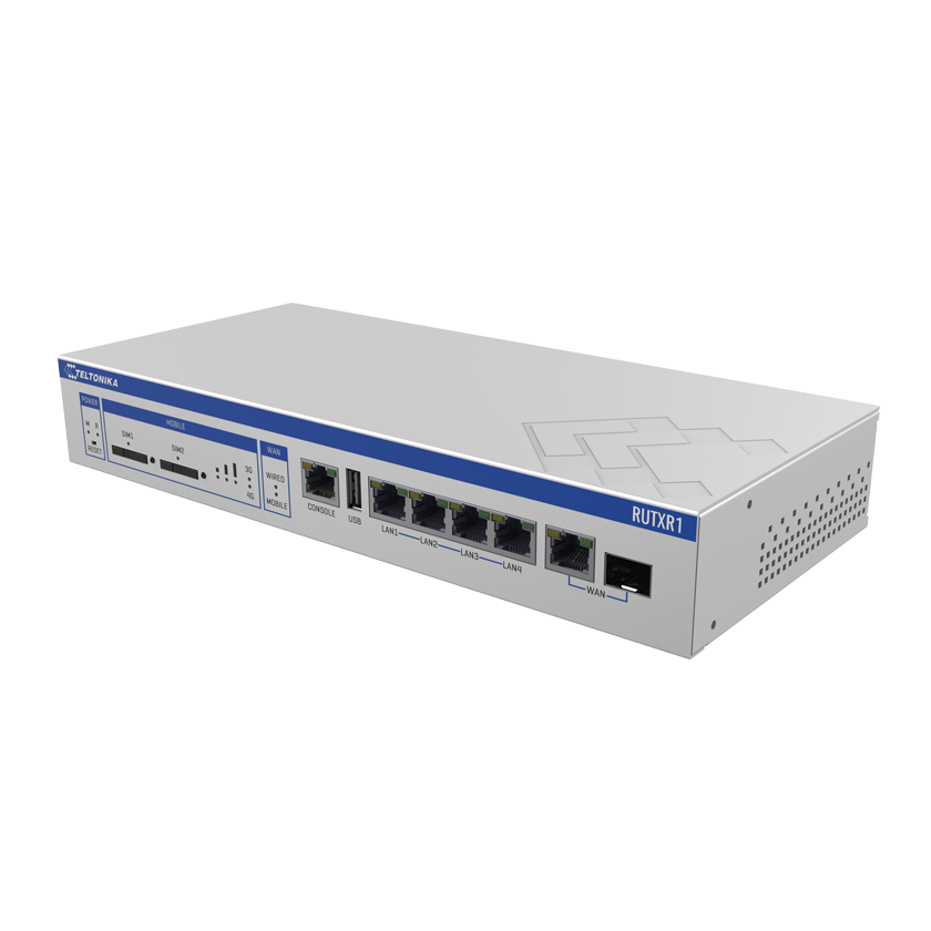 Teltonika RUTXR1 CAT 6 router top front view. Mifi-hotspot.